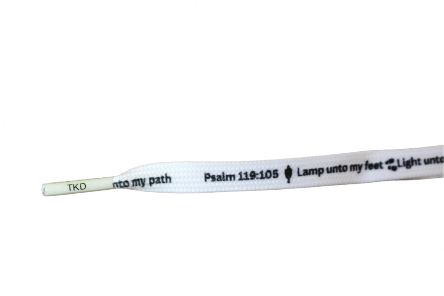 White 45-inch shoelaces with black Psalm 119:105 scripture print – TKD Believes design